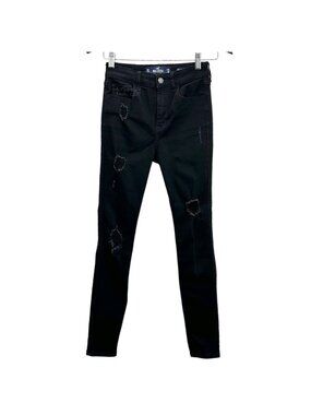 Hollister Black Classic Stretch High-Rise Super Skinny Distressed Jeans Size 24